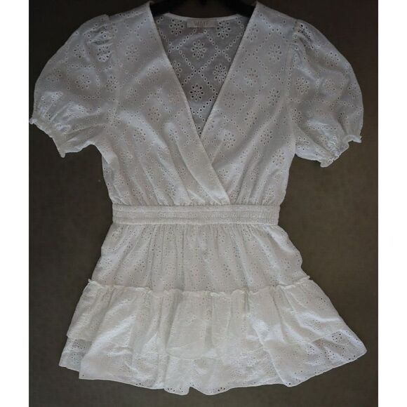 WAYF Women's Sz M White Reese Smocked Waist Tiered Eyelet Cotton Mini Dress - Picture 5 of 15
